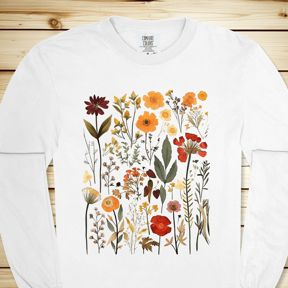 Vintage Pressed Flowers Long Sleeve Tshirt - White