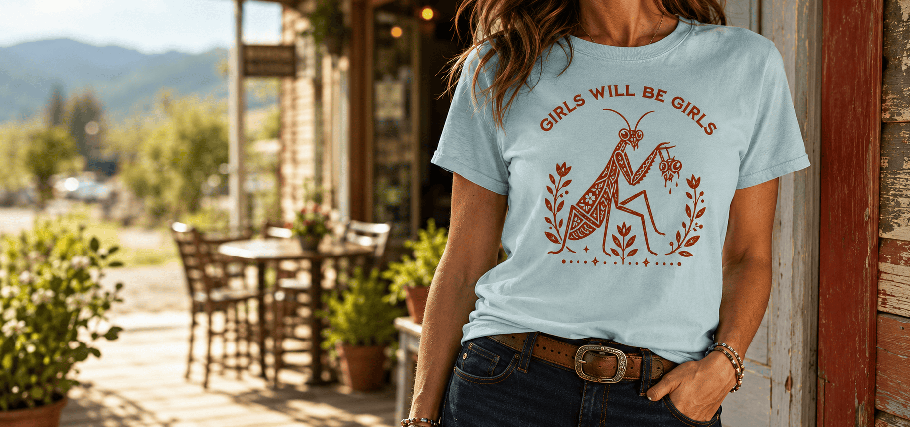 Girls Will Be Girls praying mantis tee - porch at golden hour