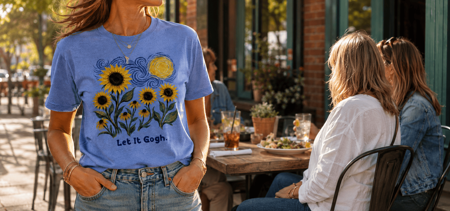 Let It Gogh sunflowers tee - sidewalk cafe