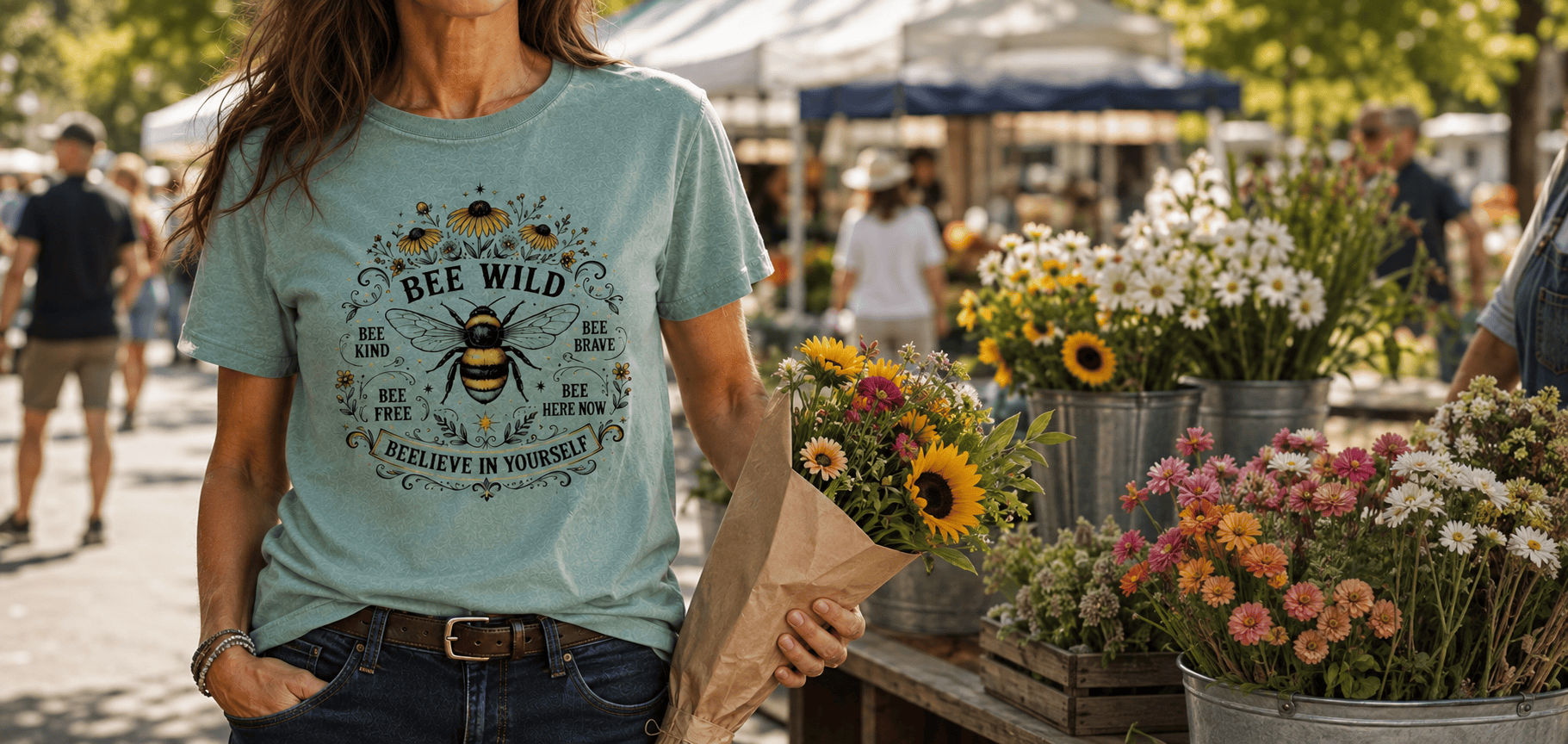 Bee Wild tee - farmers market flowers
